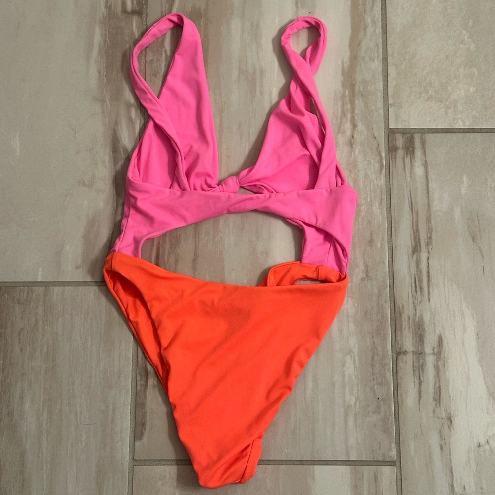 New Leith color block one piece swimsuit pink orange sz small - Picture 5 of 7